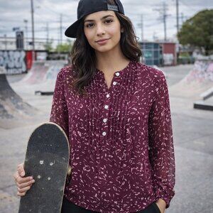 Converse Semi-Sheer Burgundy & Tan Print Tunic Blouse
